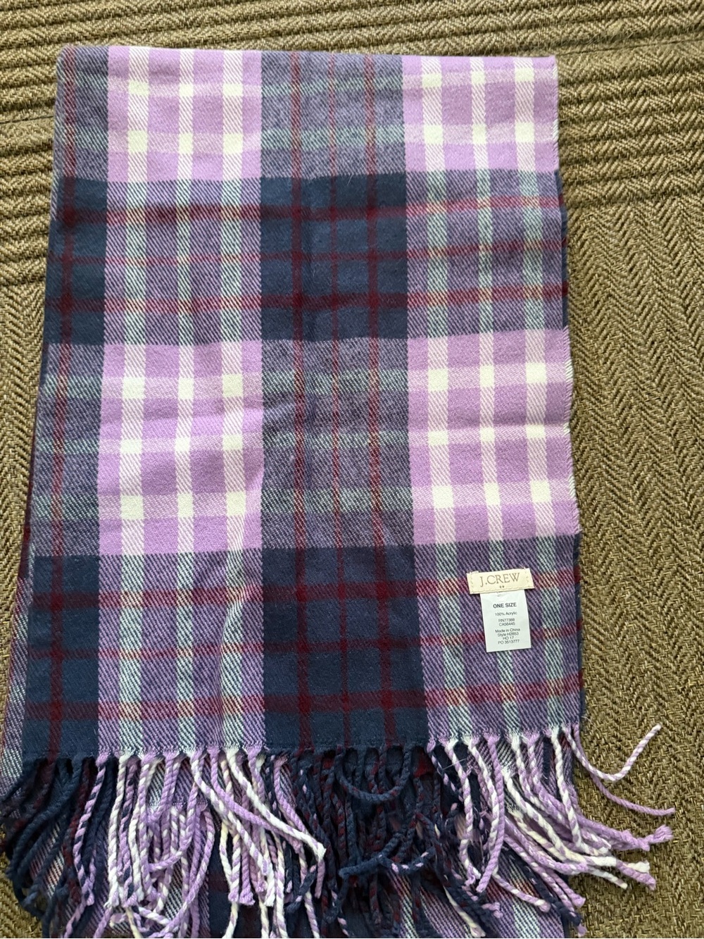 J. Crew Purple and Navy Plaid Fringe Scarf